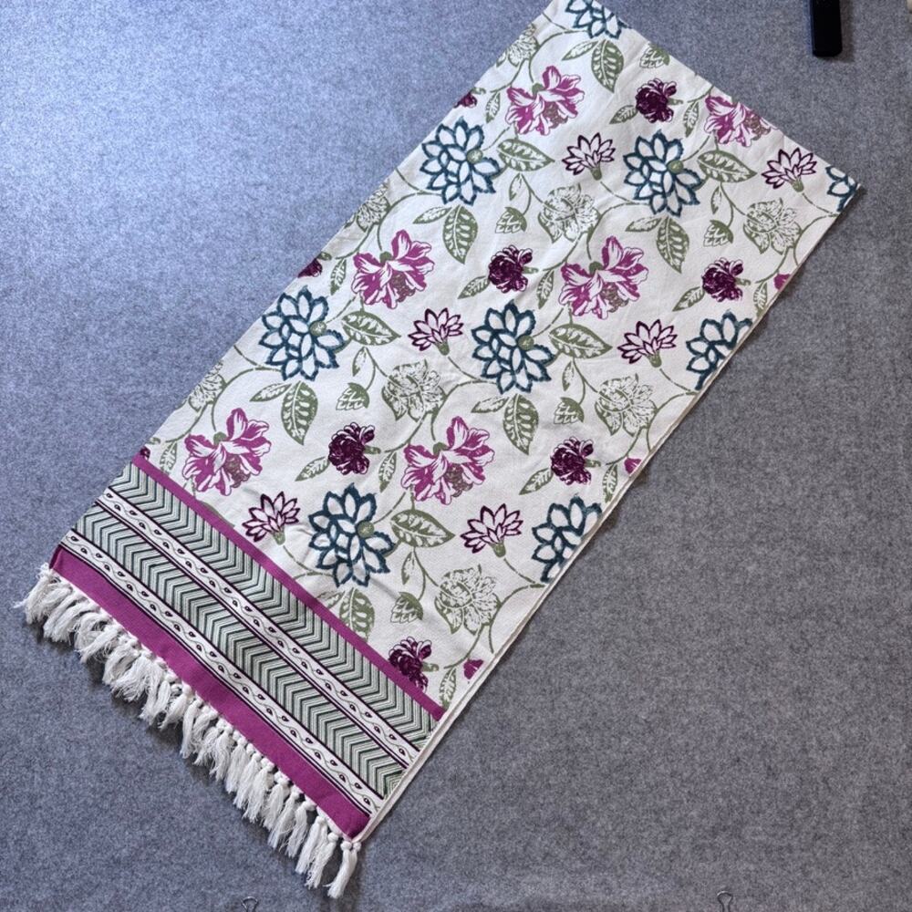 Cynthia Rowley Floral Table Runner Tassel Fringe 100% Cotton 19x80 Boho Cottage